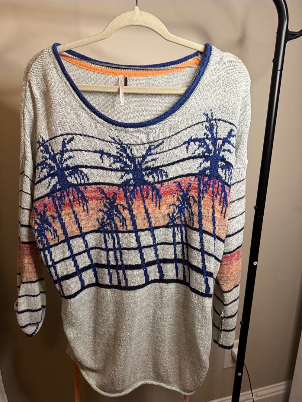 Free People Cream Knit Sweater with Blue Palm Print and Orange Sunset Accents